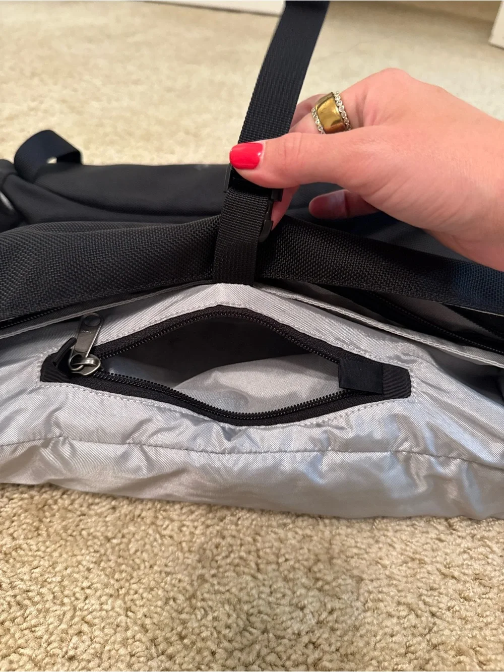 Patagonia Black Messenger Bag with Silver Reflective Strip